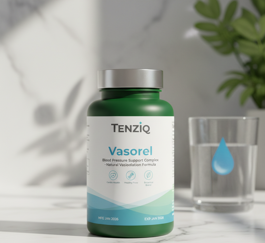 Professional photo of Vasorel supplement bottle - elegant white bottle with green and red medical labeling, placed on clean white surface with soft medical lighting, realistic product photography style